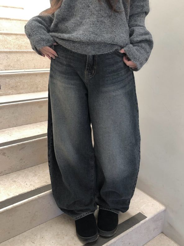 Quart Brushed Deep Blue Denim Washing Wide Pants