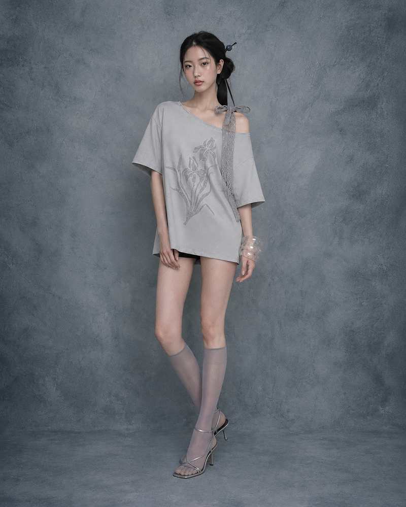 Iris Lace Ribbon Tee #Gray(灰)