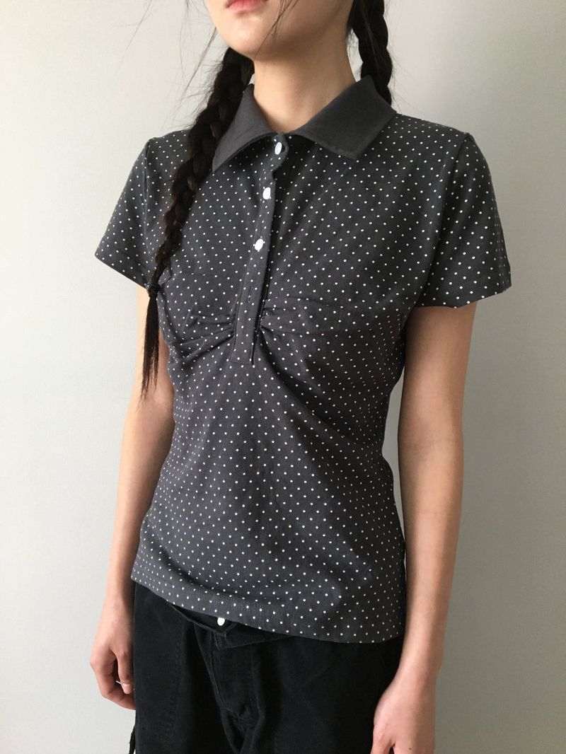 Shirring Dot Collar T-Shirt (3color)