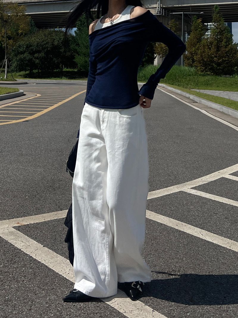 Y2K Back Point X Strap Bijo Wide Loose Fit Denim Long Pants (White)