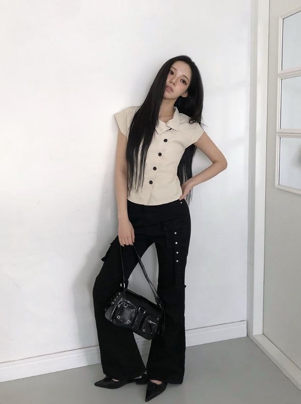 Newji Diagonal Button High-Neck Blouse Shirt