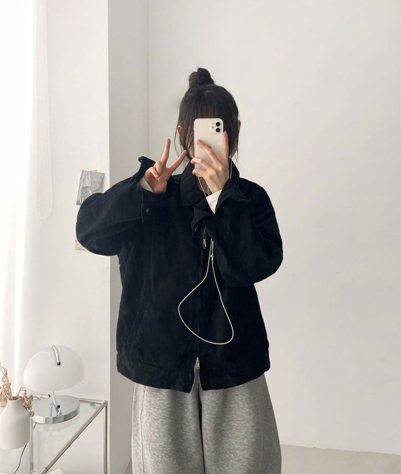 Rentto Basic Collar Zipper Loose Fit Cotton Jacket