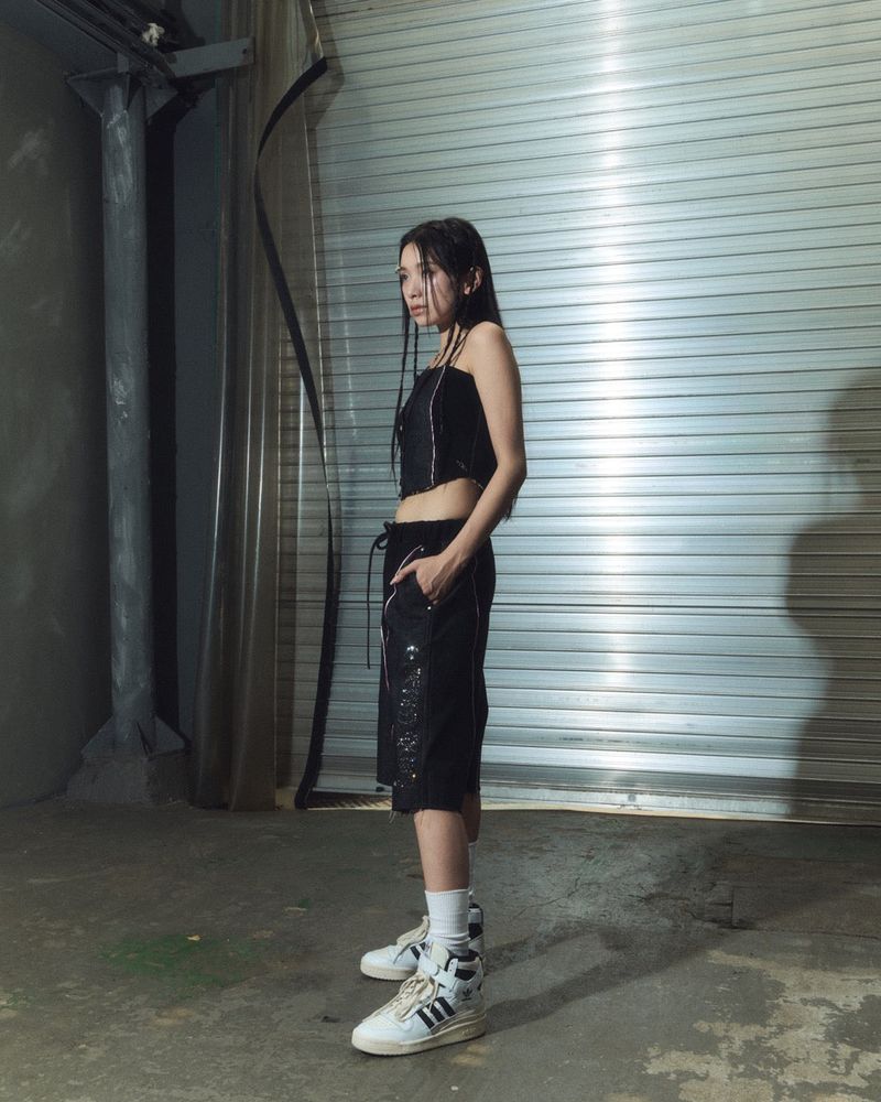 denim combi half pt - black