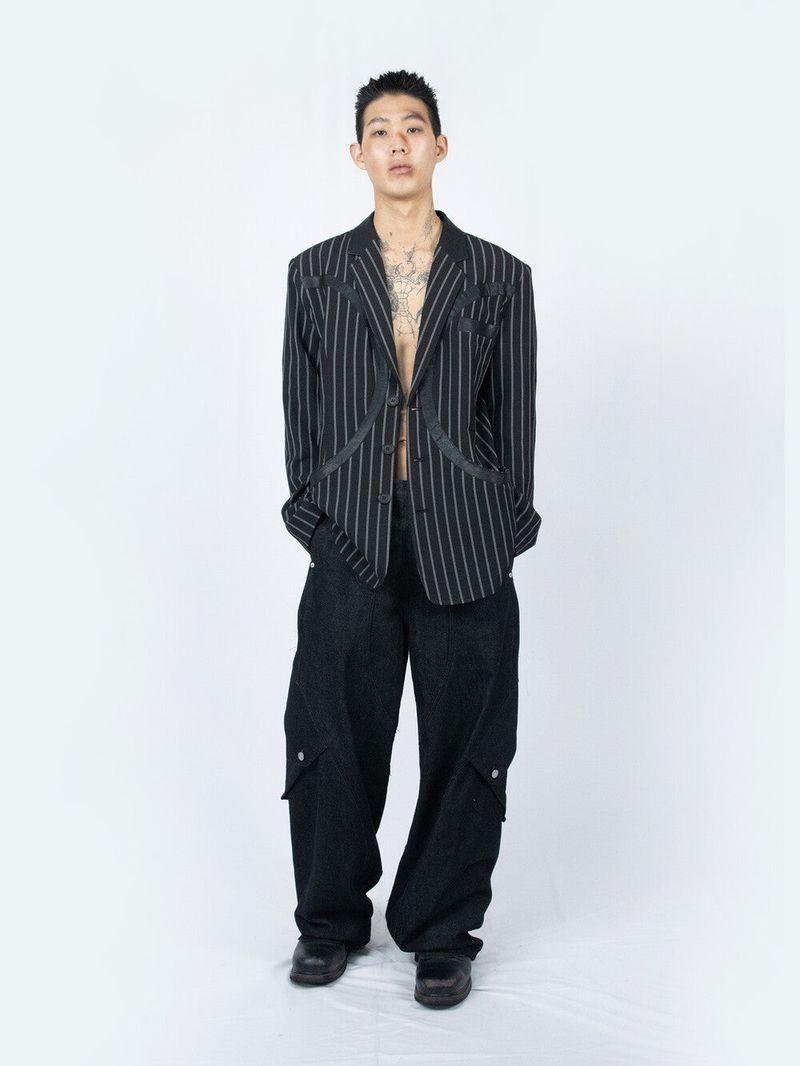 Circle Leather Patch Blazer (Black Stripe)