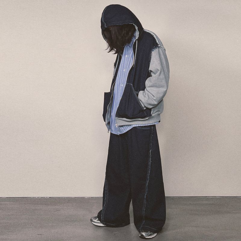 layered deconstructed zip-up hoodie_blue