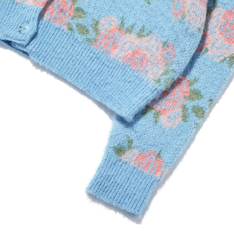 Flower Pattern Crop Cardigan_Ash Blue