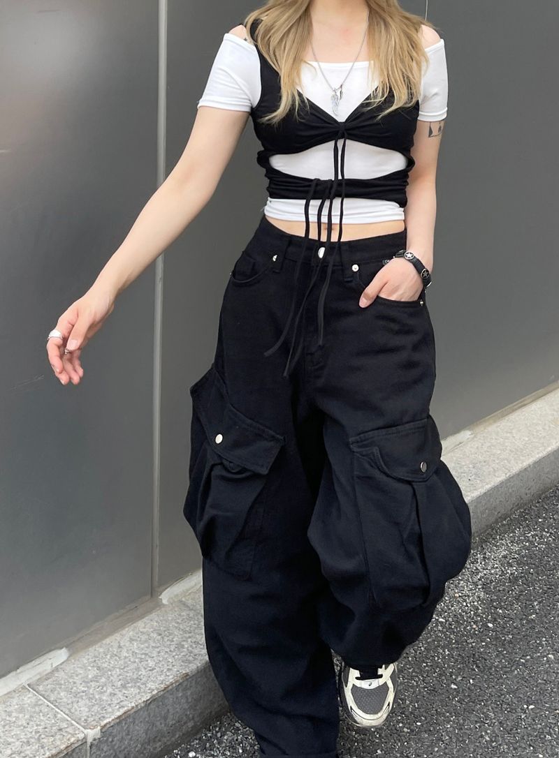 Layered Strap Hole Ribbon Top
