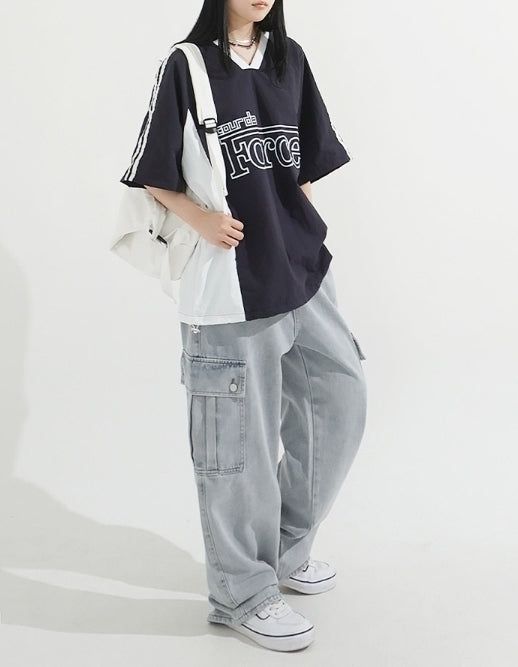 ストリングウエストワイドカーゴデニムパンツ