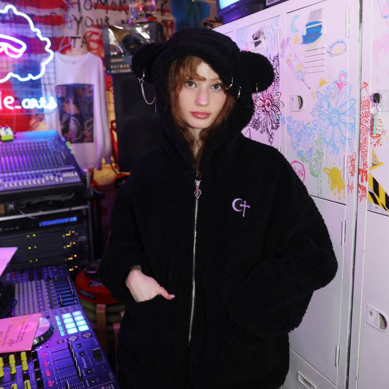 0 1 punk bear fleece jacket - BLACK