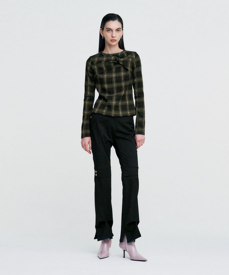 Twisted Check High-neck Top _ KHAKI