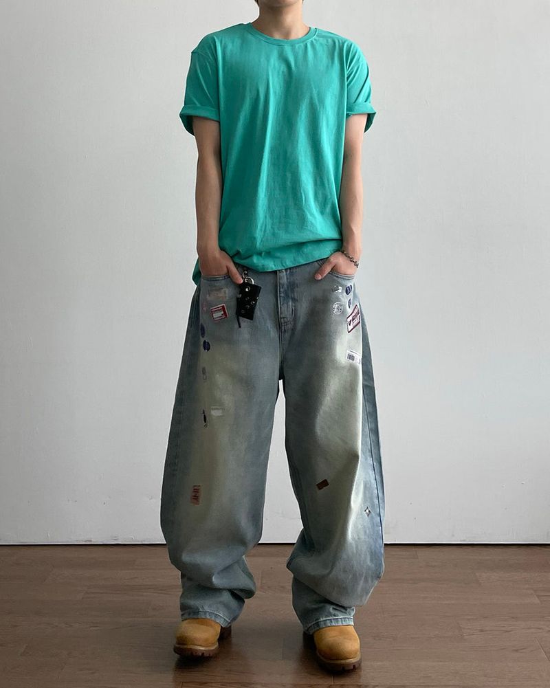 Sticker Print Denim Pants