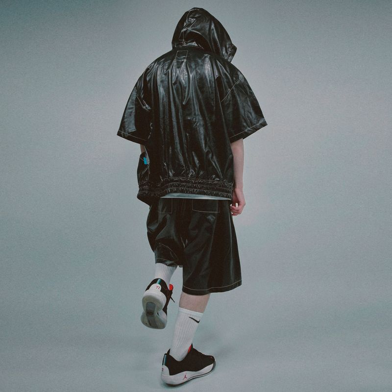 glossy faux leather hood zip-up hoodie_black