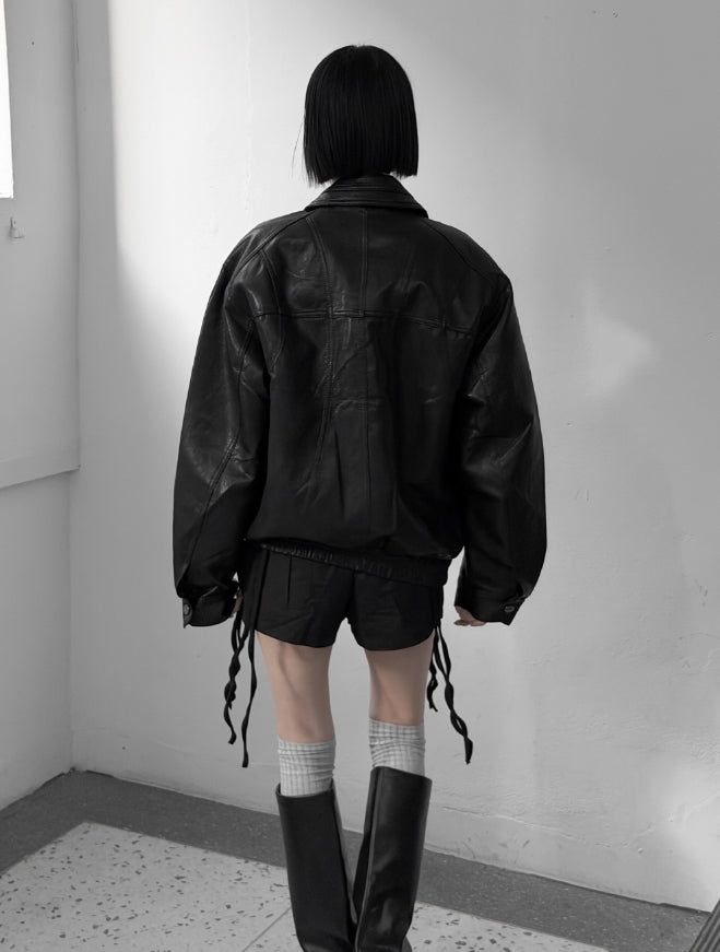 (unisex) Panel Deep Two-Way Leather Jacket