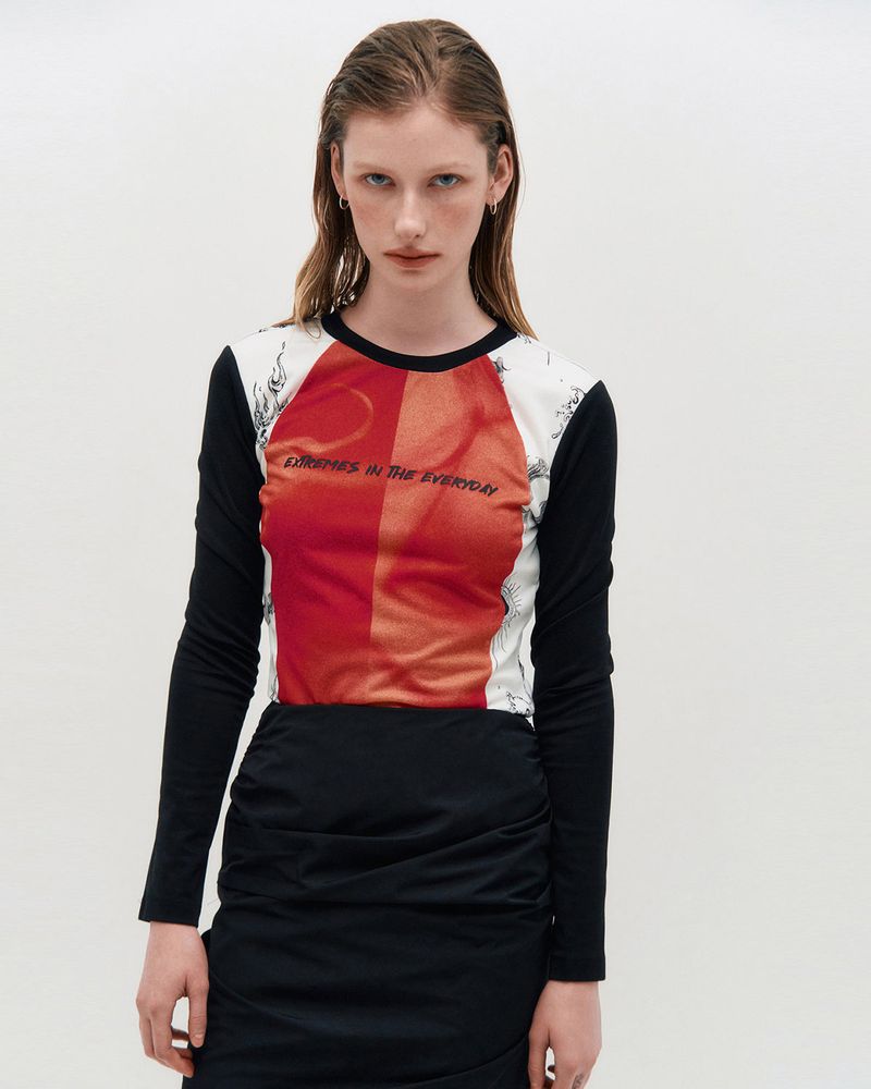 KIMZISU（キムジス）の「Blocked Graphic LS T-shirt _ RED（Tops）」