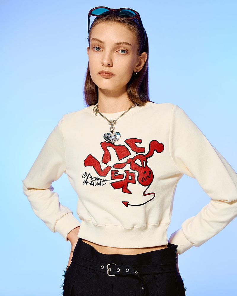 DEVIL HEAD LOGO CROP SWEATSHIRT-IVORY