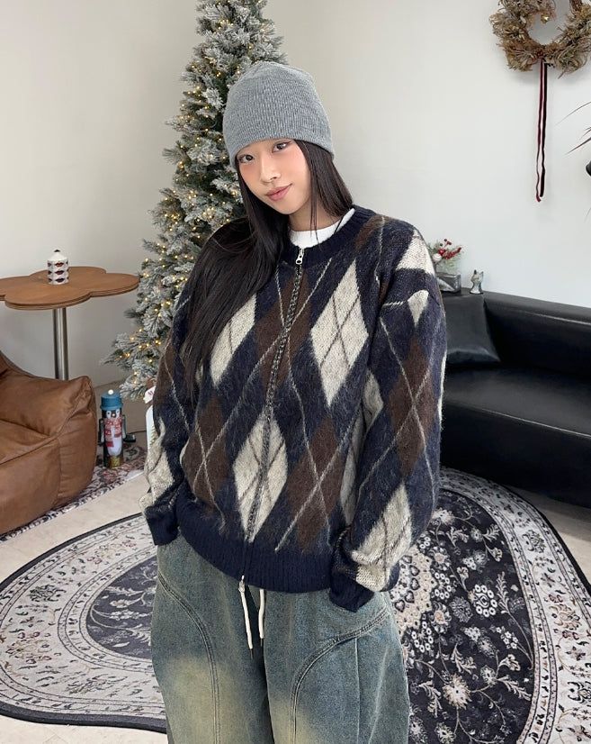 Ruel Argyle Mohair Knit Zip-Up