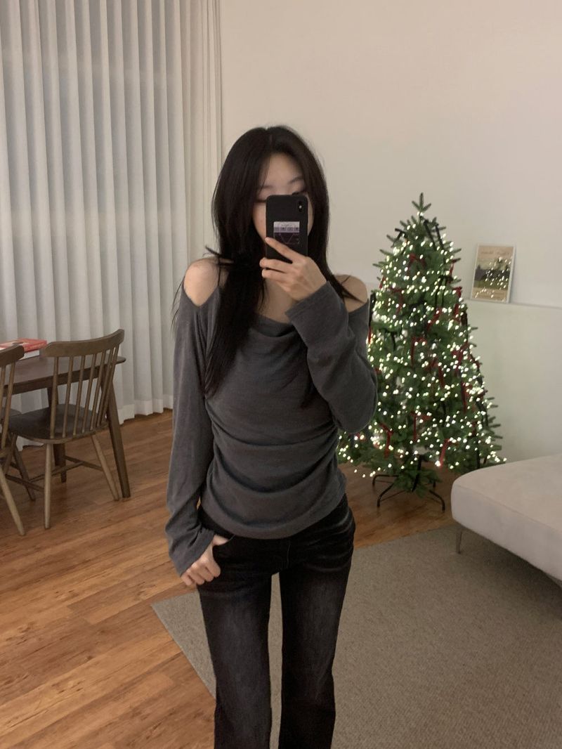 Jenn Muse Off-Shoulder Strap Drape Long Sleeve Top