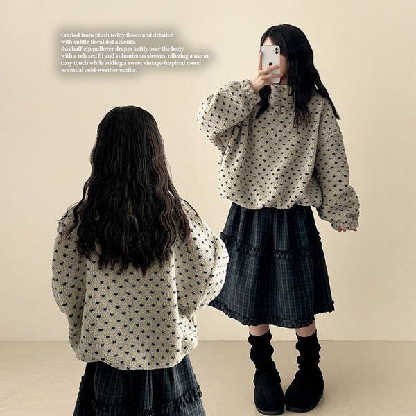 Marie Heart Dot Pattern Fleece High Neck Half Zip Up