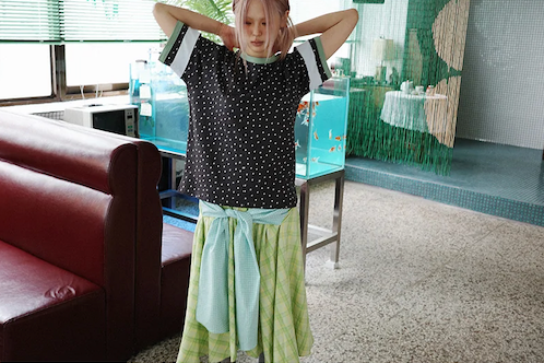 Check Tie Skirt (yellowish green)