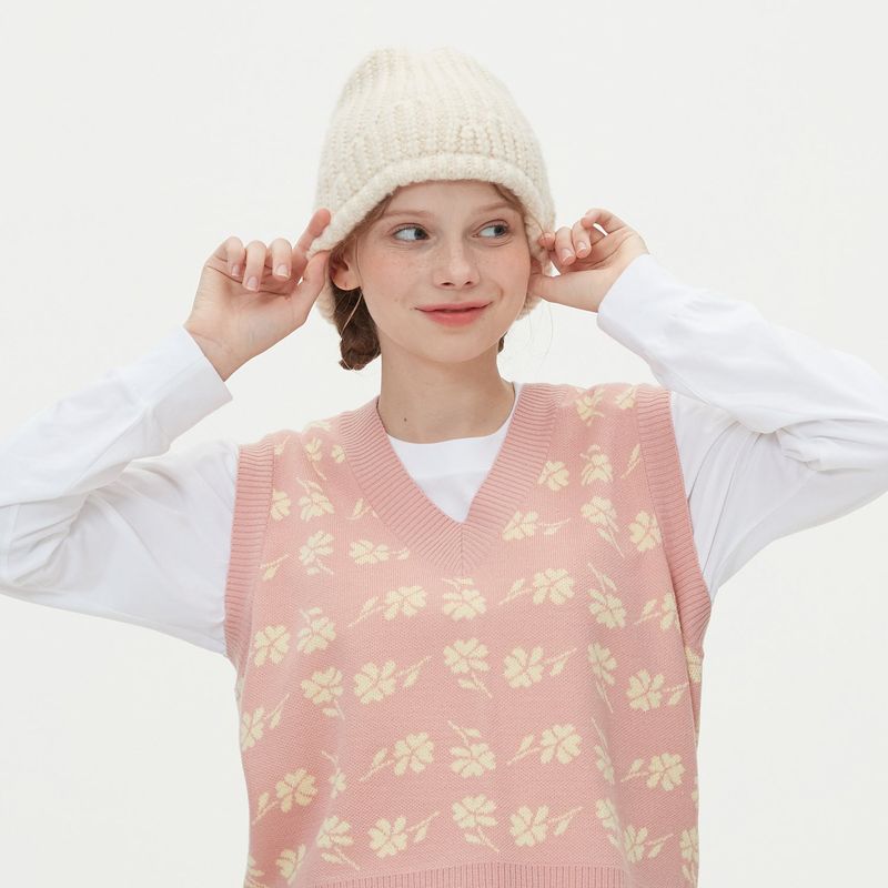 FLOWER JAQUARD KNIT VEST_PINK