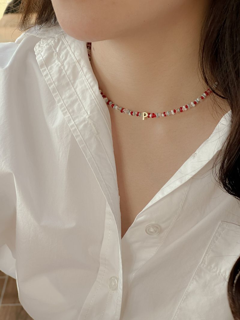 Coral Blue Beads Initials Necklace