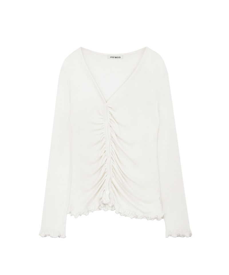 ASYMMETRIC SHIRRING LACE CARDIGAN DUSTY WHITE
