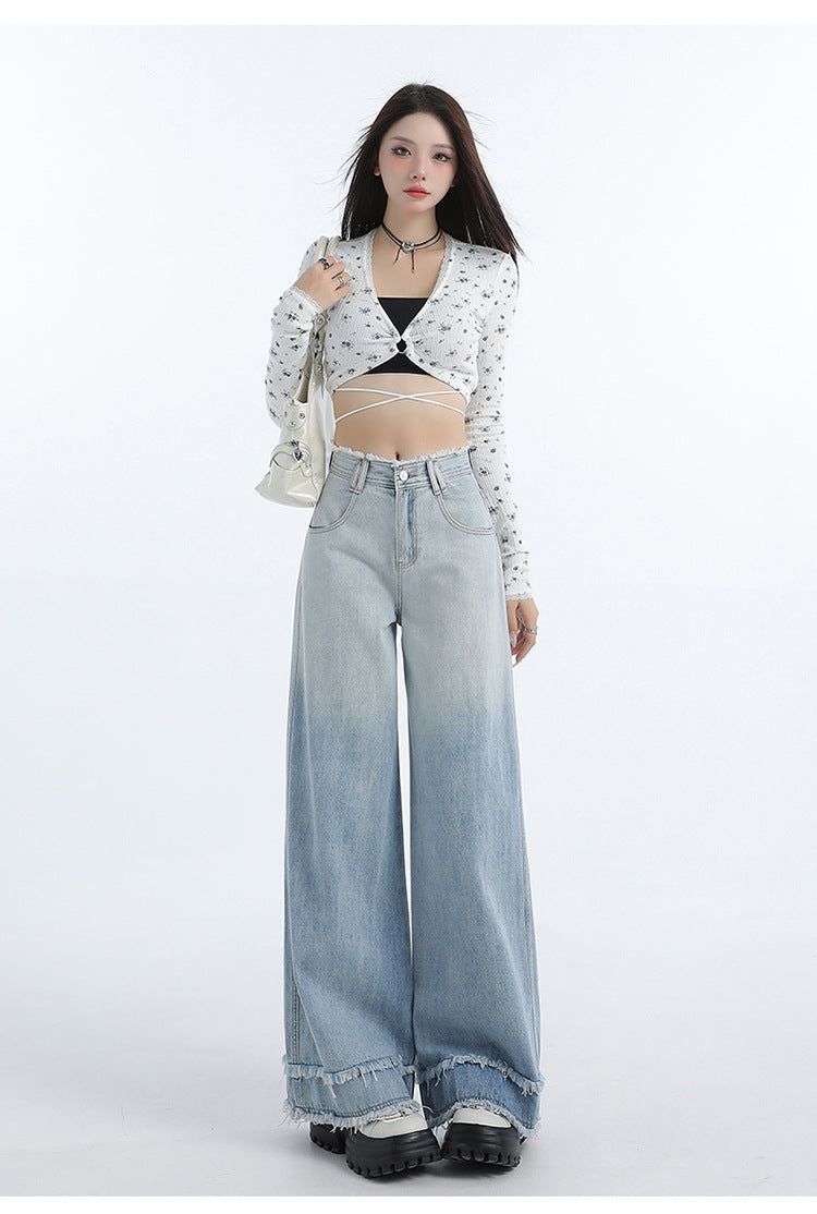 Gradient Blue Raw-Edge Wide-Leg Denim Pants