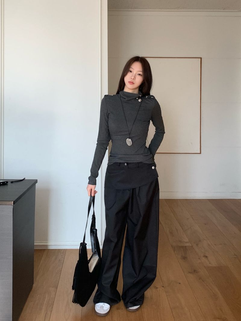 Close Pintuck Wrap Two Button High Waist Long Wide Pants