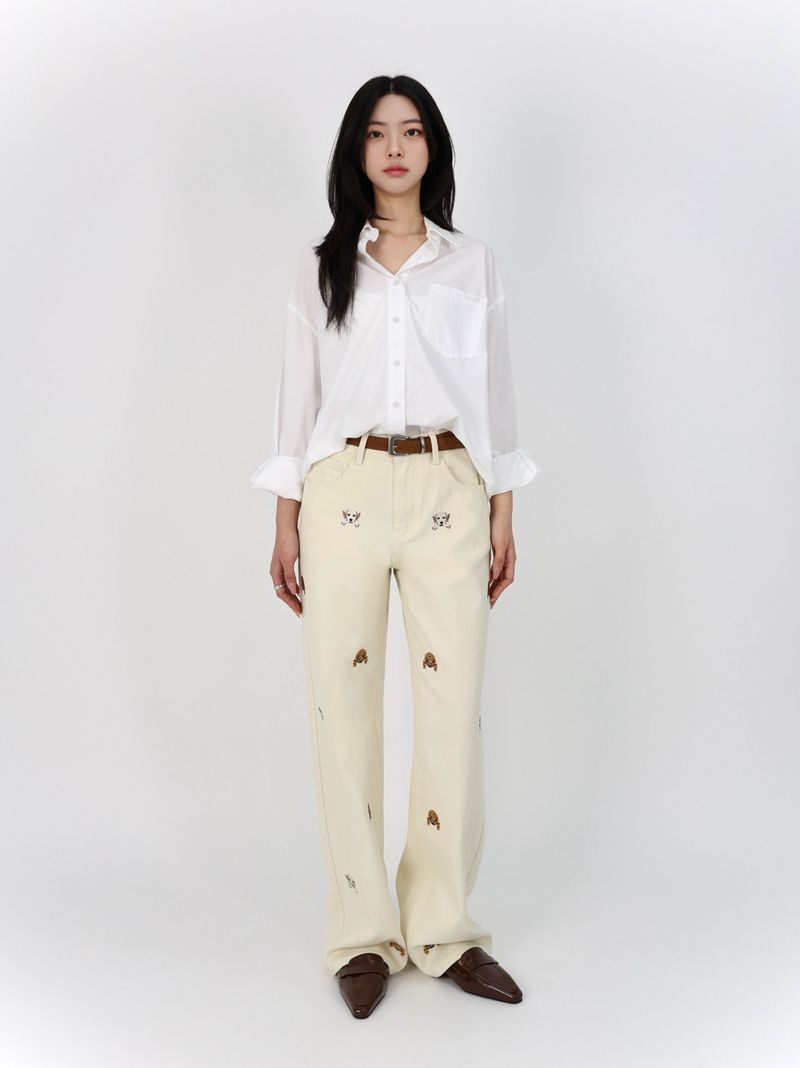 PUPPY EMBROIDERED CREAM DYED STRAIGHT DENIM code 26226