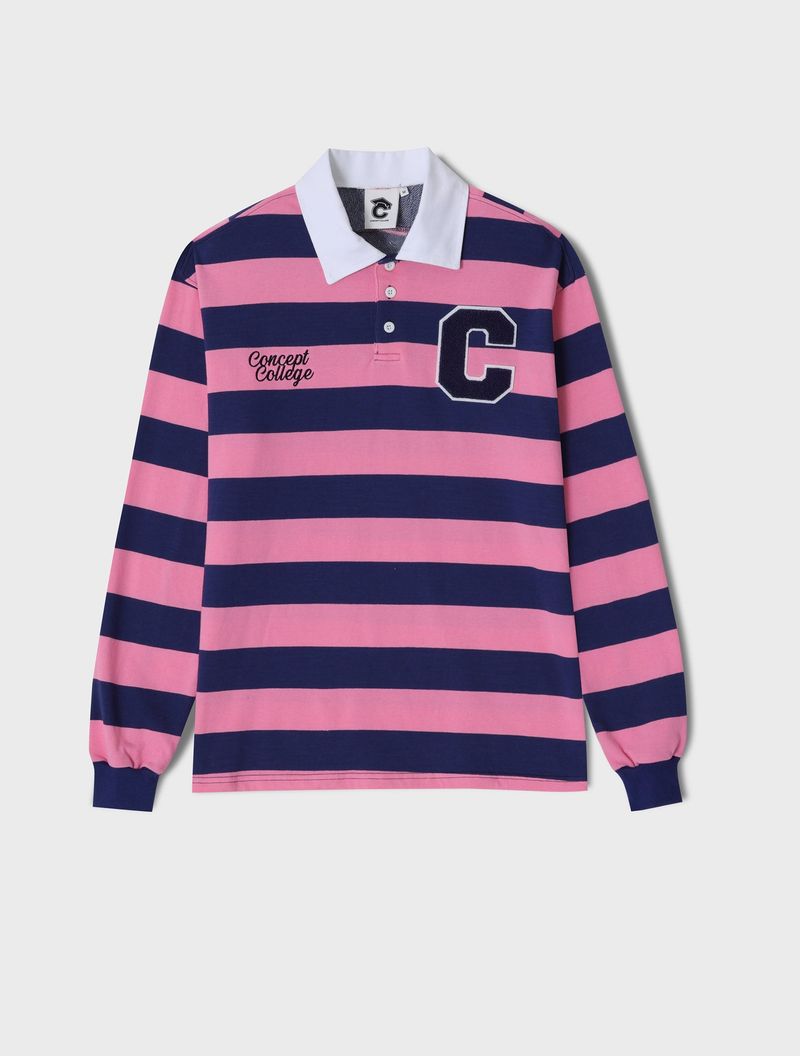 CONCEPT COLLEGE（コンセプトカレッジ）の「CパッチストライプラグビースウェットカラーTシャツ / ピンク-ネイビー [Unisex]（トップス）」