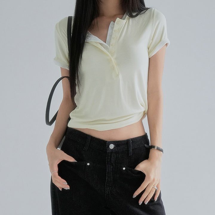 [Izenty] Henley-Neck Button Short-Sleeve T-Shirt - 4 Colors