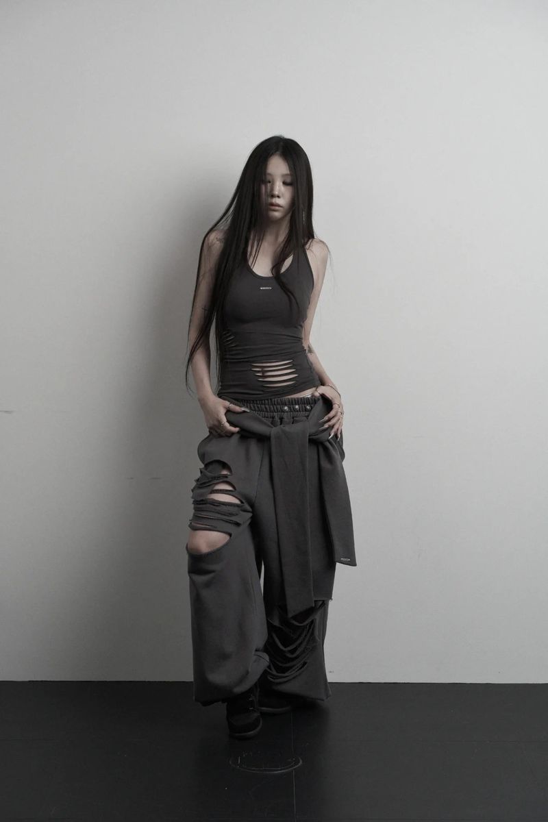 [label] layered tie damage wide pants (charcoal)