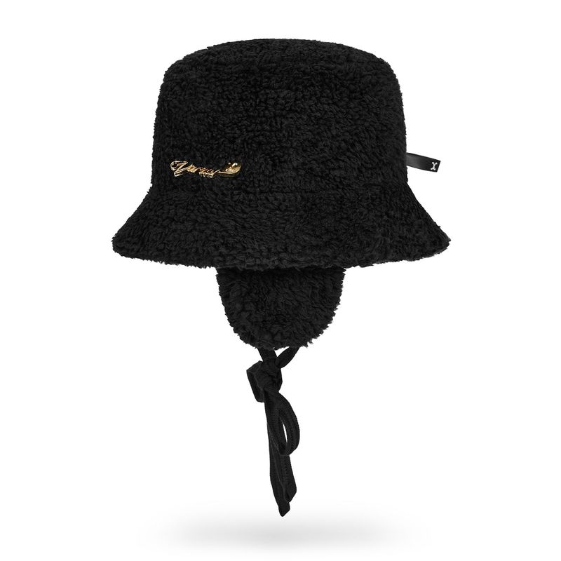 VARZAR Safety Pin Sherpa Fur Flap Bucket Hat / Black