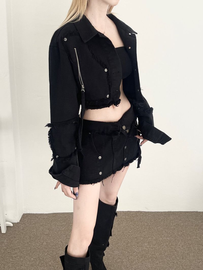 1247. Chic zipper button denim crop jk (2color)