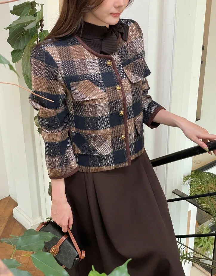 LT Round-Neck Color Matching Check Tweed Jacket