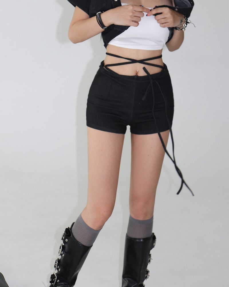 denim strap micro short pants
