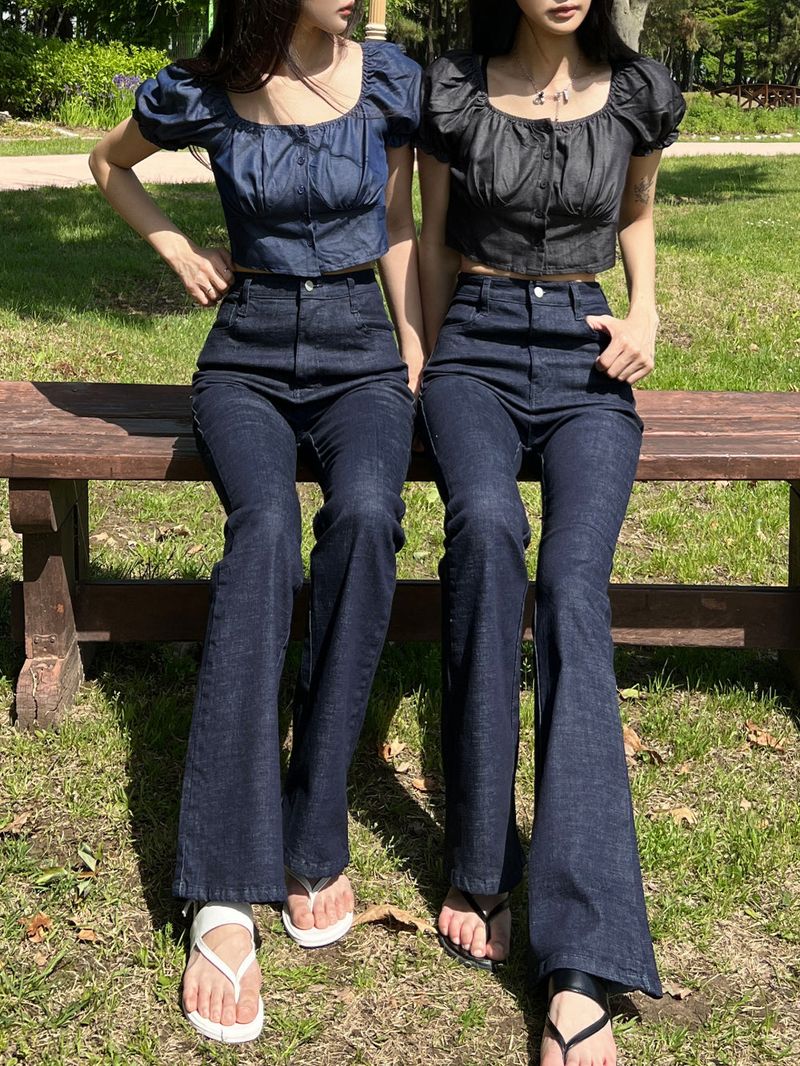 セルベッジデニムスペンデックスハイウエストブーツカットパンツ（デニム）