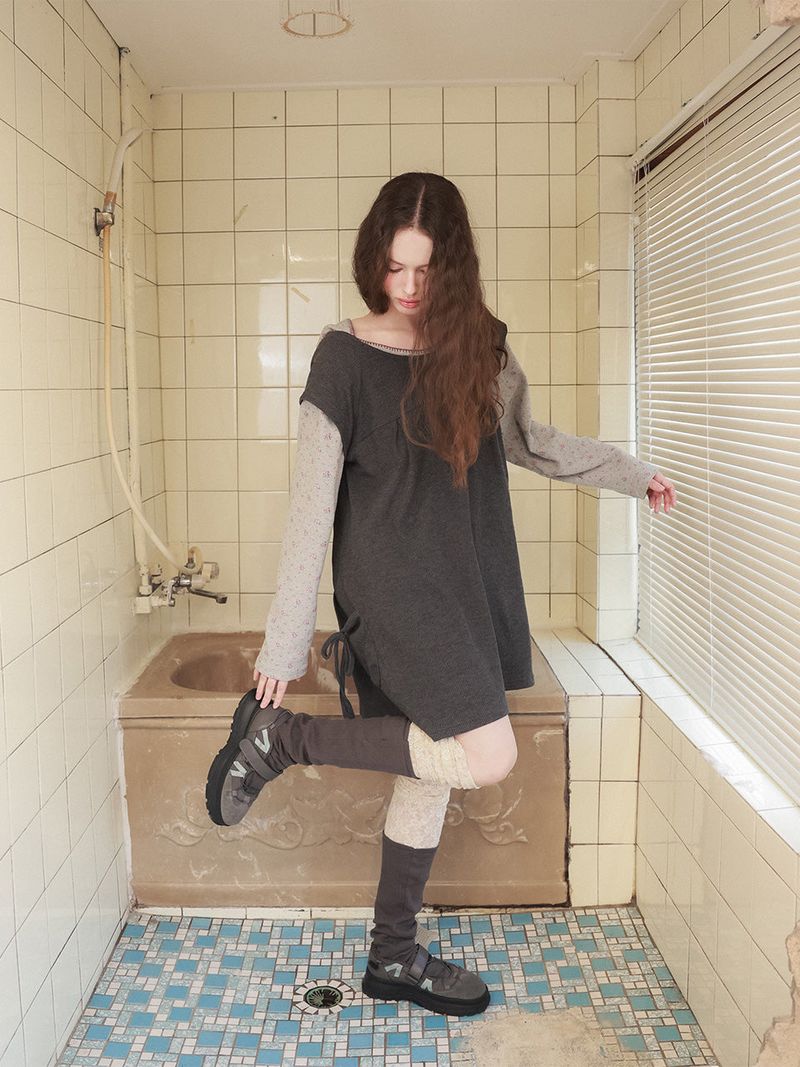 Pintuck waffle flare dress  / gray