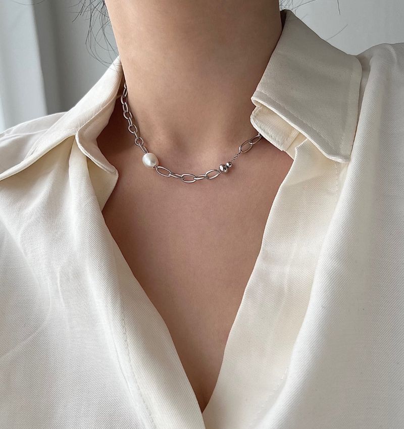 dpps Freshwater Pearl Bold Chain Ball Stainless Steel Titanium Layered Guest Necklace
