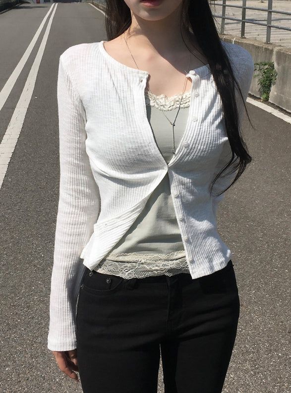 カブルスリムボタンラウンドカーディガン