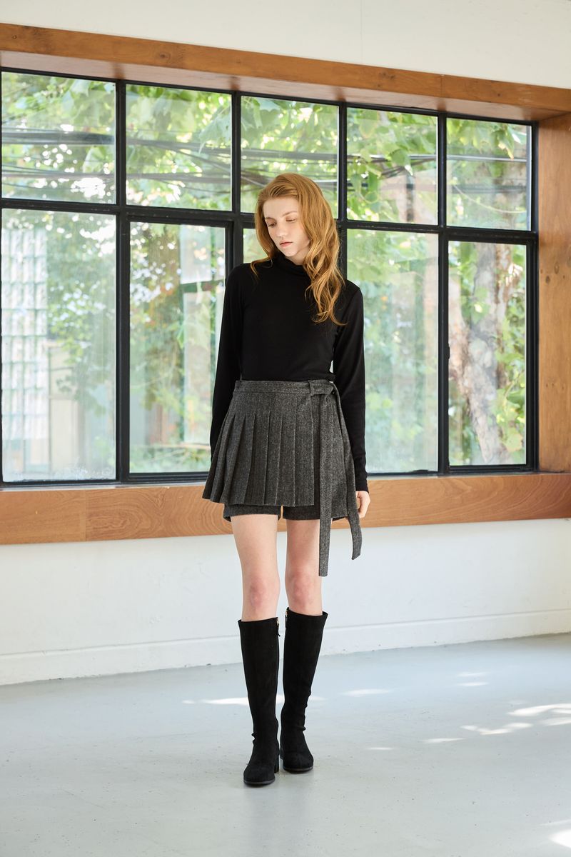 CLASSY HERRINGBONE WOOL SKIRT PANTS / CHARCOAL