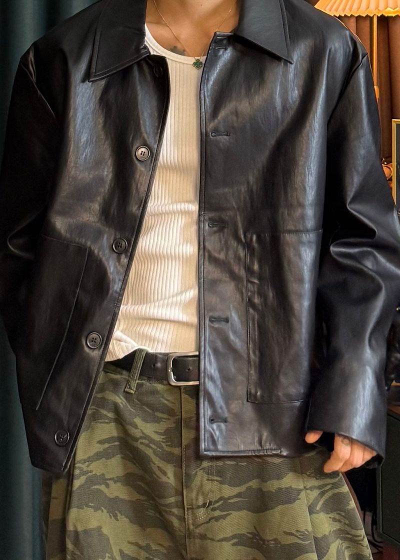 Leather Collar Button Jacket 3COLOR