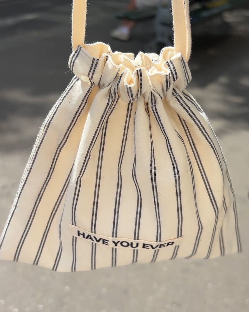 Pattern string pouch - beige stripe , S size