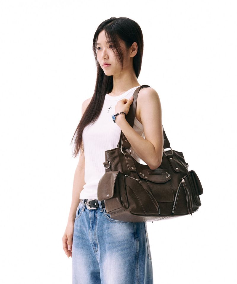 Studded Leather Shoulder Bag (Brown)