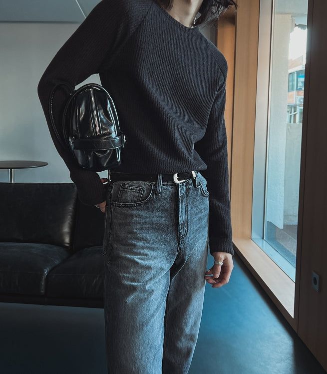 フィットリブマッスルラグランブラッシュドロングスリーブTシャツ