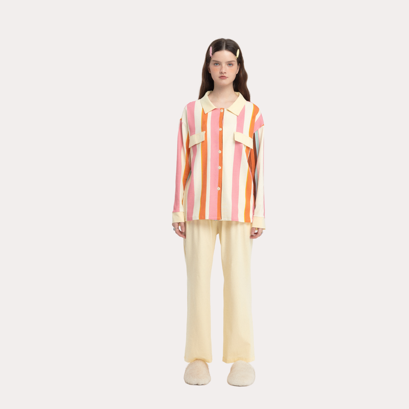 muabomb_home（ムアボム）の「バイブラント オレンジ コントラスト ストライプ ロング スリーブ パジャマ セット - 95% Cotton Cozy Sleepwear（トップス）」
