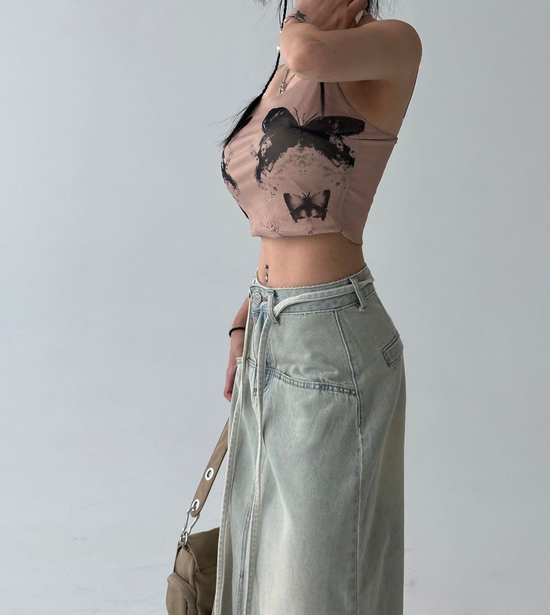 Strap belt Set Denim Long Skirt