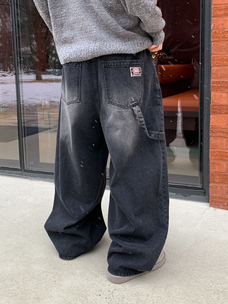 Work vintage patch banding denim pants