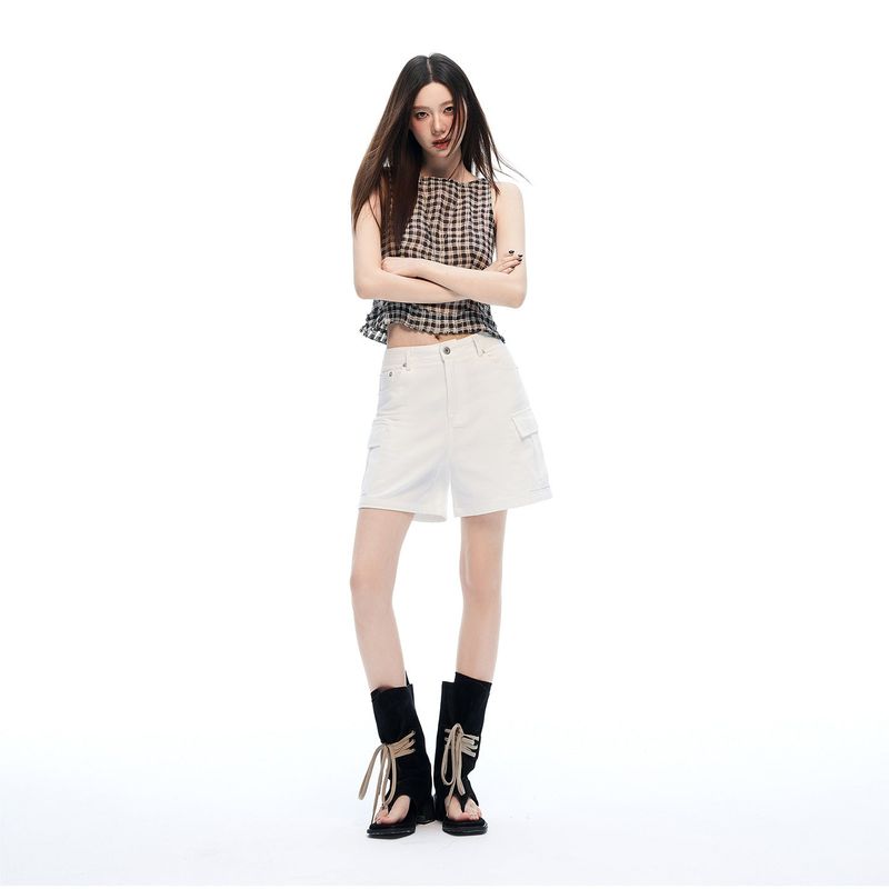 Mid Rise White Cargo Wide Leg Bermuda Shorts