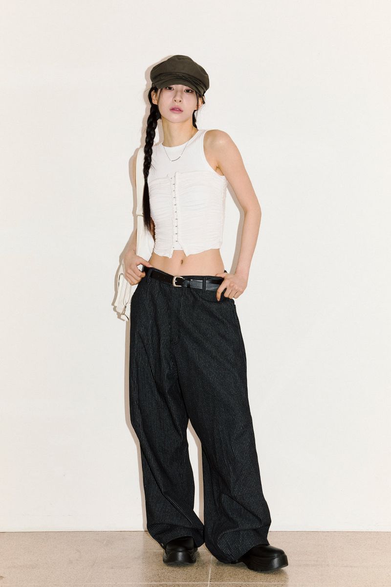 Add pin-tuck stripe denim pants